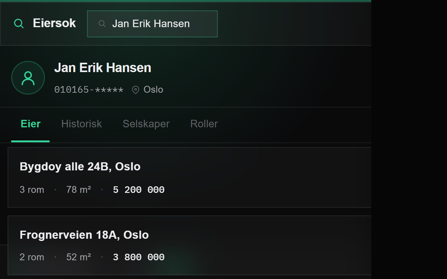 Eiersøk: eierhistorikk og eiendommer